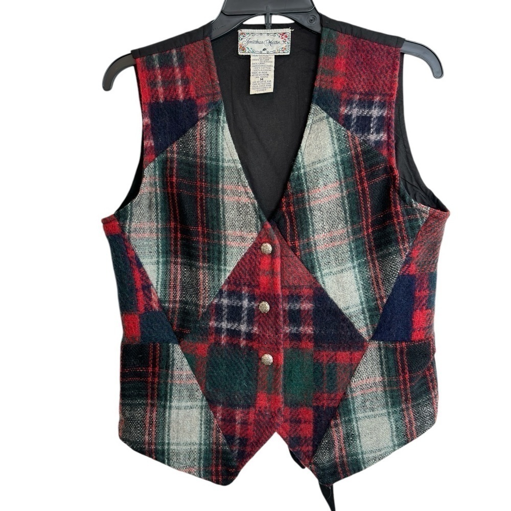 Vintage Jonathan Martin Plaid Wool Blend Patchwork Vest Womens Size Medium Lined - Picture 6 of 12